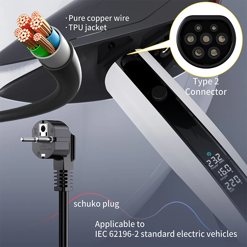 

Schuko/CEE/Type 2 Connector Super Genie 3.5/7kW Charger（QD03）, Universal for EVs, Compatible with Multiple Brands