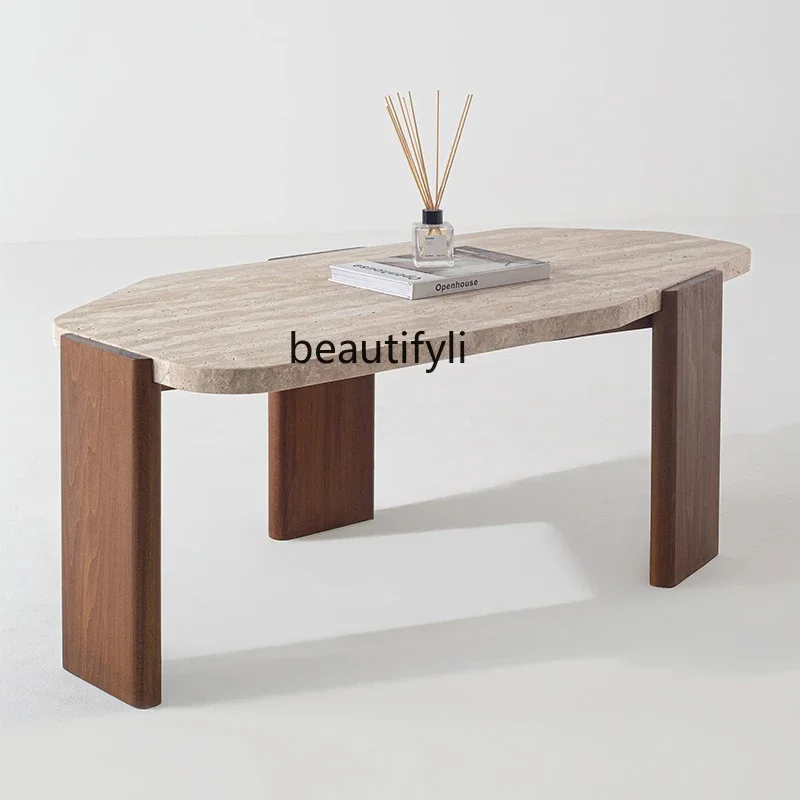 

Natural travertine solid wood coffee table small apartment living room coffee table tea room creative special-shaped tea table29