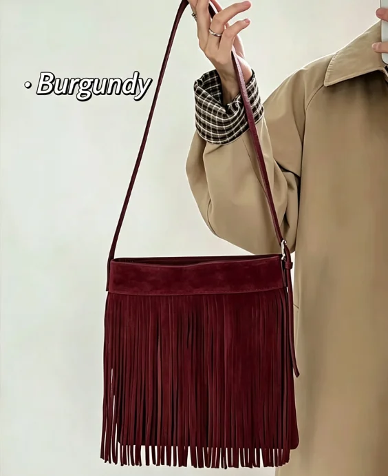 Vintage Bohemian Fringe Tassel Crossbody Bag Women Large Capacity Dual-Side Smooth Cowhide & Suede Genuine Leather Boho Bucket view 4