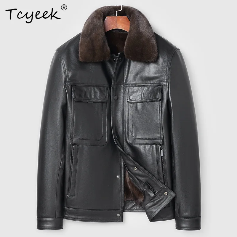 

Tcyeek Top Layer Cowhide Genuine Leather Jacket Men Autumn Winter Clothes Detachable Liner Mens Fur Coat Trendy Куртка Мужская