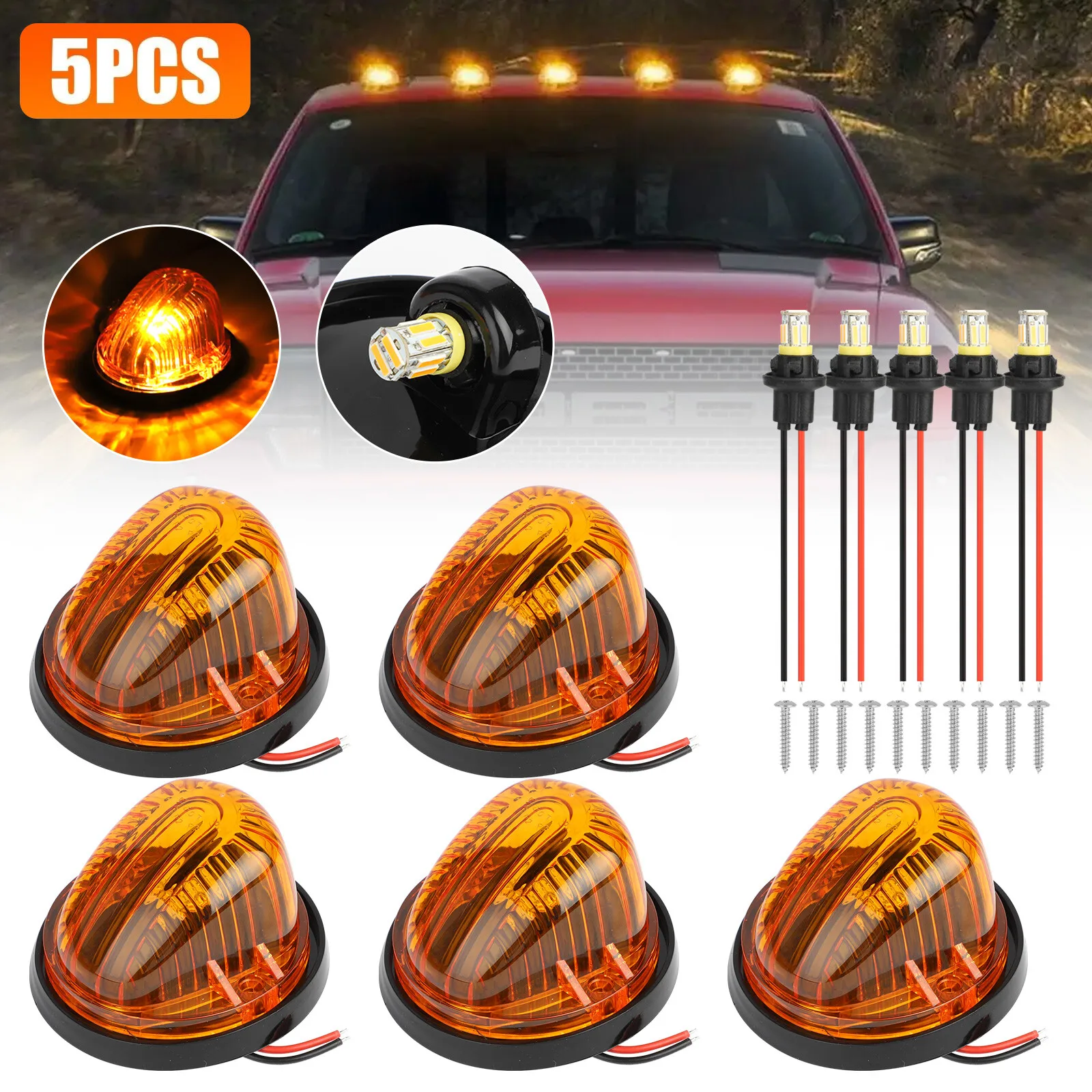 DPGKITS 5Pcs 12V T10 IP65 Roof Top Cab Lights Amber Marker Set For Chevrolet GMC C/K Series Full Size PICKUP Trucks GMC Dually
