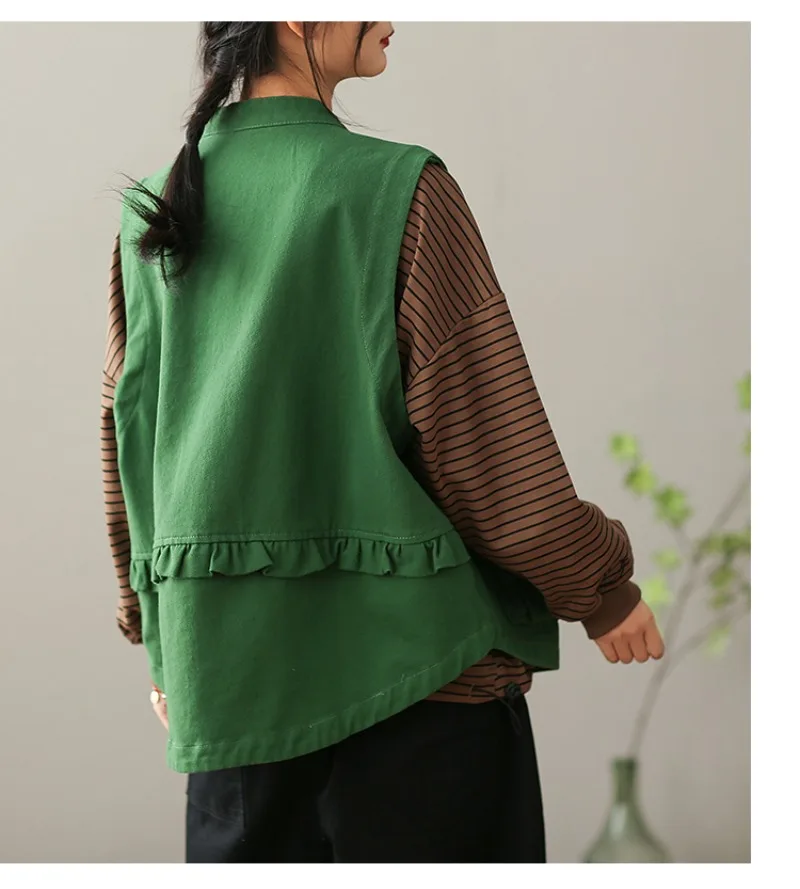 Japan Style Vintage Waistcoats Women's Good Quality Washing Cotton Stand Collar Sleeveless Double Pocket Loose Casual Cargo Vest