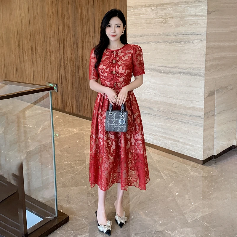 Ele Pizzo ricamato Dr Lavoro pesante da donna rotondo Ne Puffy Sve Vita snellente Gonna ampia Fibra di poliestere Primavera S...