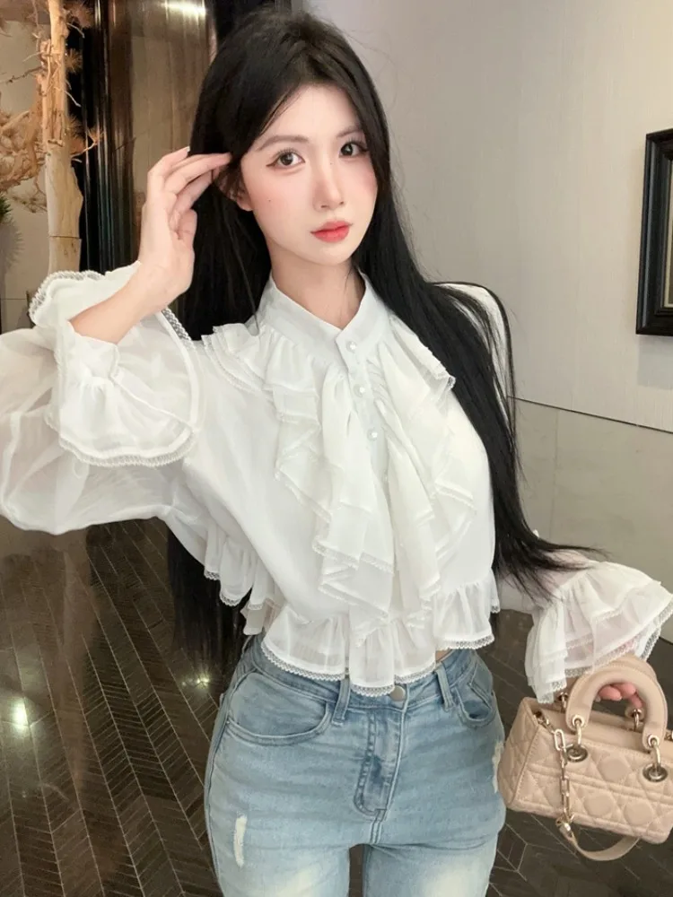 

Elegant Long Sleeve Bubble Sleeve Shirt Women's Fashionable Pleated Hem Spring Autumn New Style Short Top Polyester Fabric