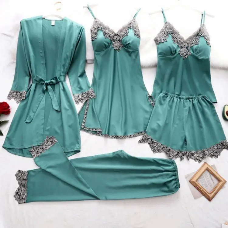 Simulation Silk Women's Summer Sexy Pajamas Underwear Five-piece Suspenders Women's Home Clothes Bathrobe
