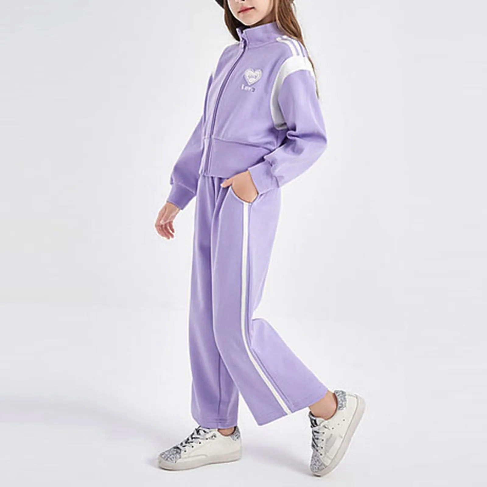 

Children's Outdoor Sports Zipper Stand Up Collar Top And Trousers Girls Splicing Hoodie children Fashion Casual Set Big Fit Girl