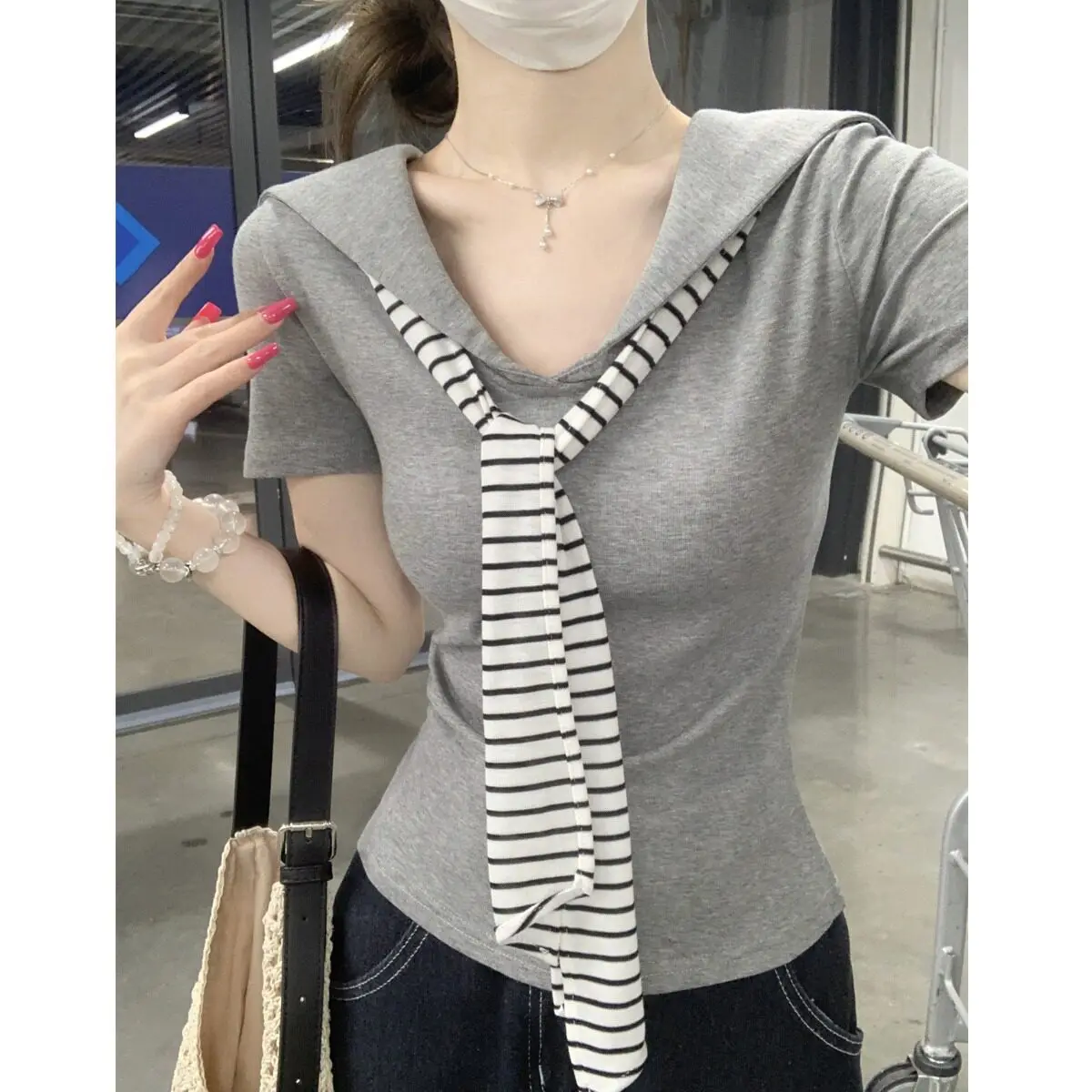 Spring Summer New Korean Style College Wind Navy Collar Color Block Striped Shoulder Wrap V Neck Tied Base Short Sleeve Top