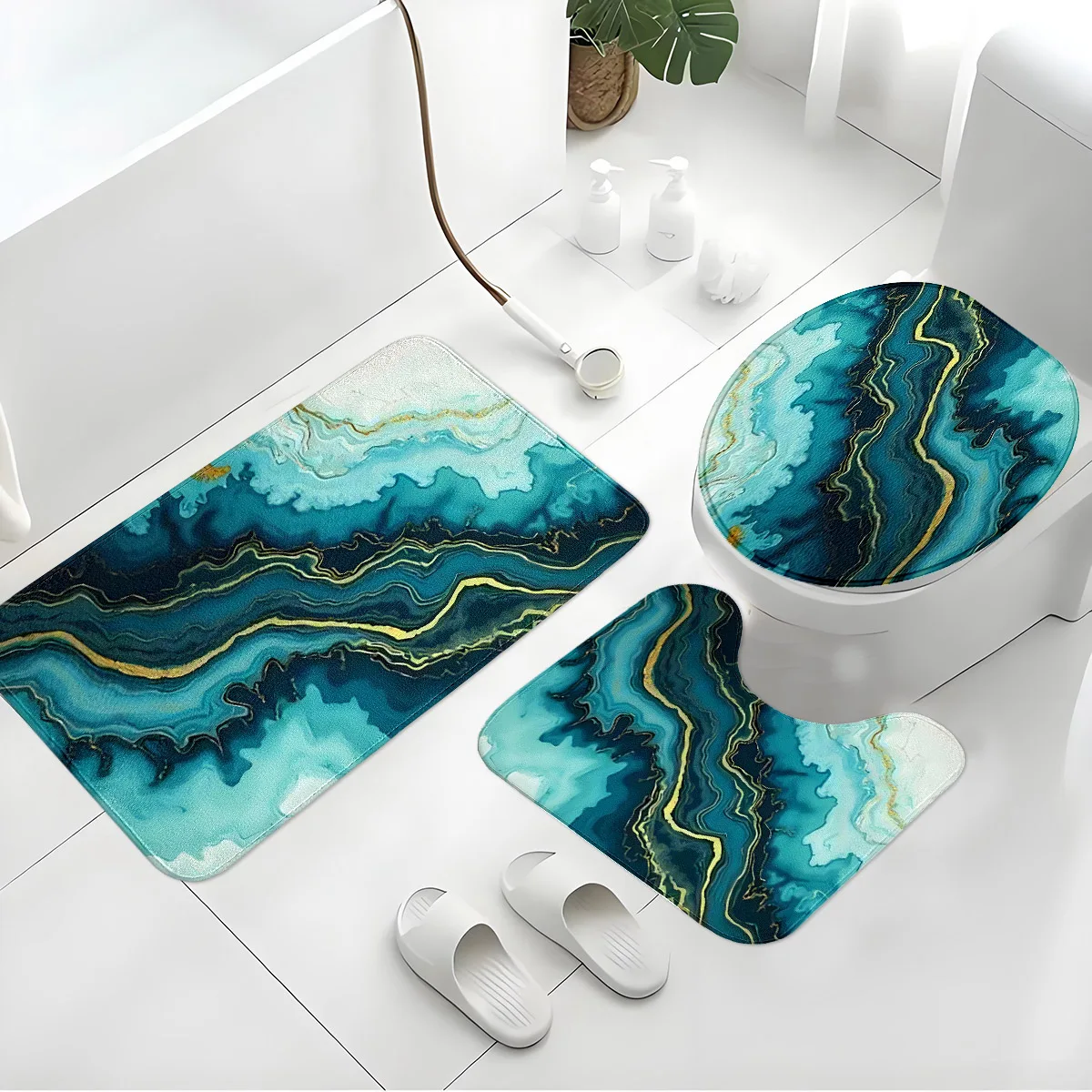 3-teiliges Badezimmer-Set mit Marmormuster – rutschfeste, saugfähige Badematte, WC-Abdeckung, luxuriöses Badezimmerteppich-Set in Blaugrün und Gold