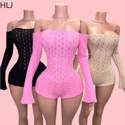 HLJ Fashion Knitting Backless Bandage One Piece Rompers Women Solid Round Neck Long Sleeve Bodycon Jumpsuits Sexy Slim Overalls