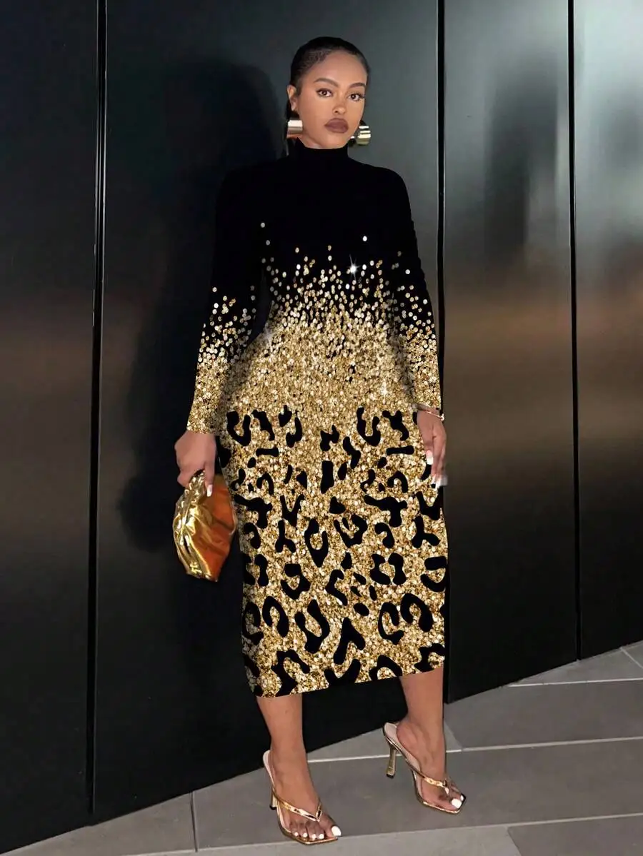 Leopard Print Rhinestone Long Sleeve Bodycon Midi Dress For Women Party Elegant Gold Black