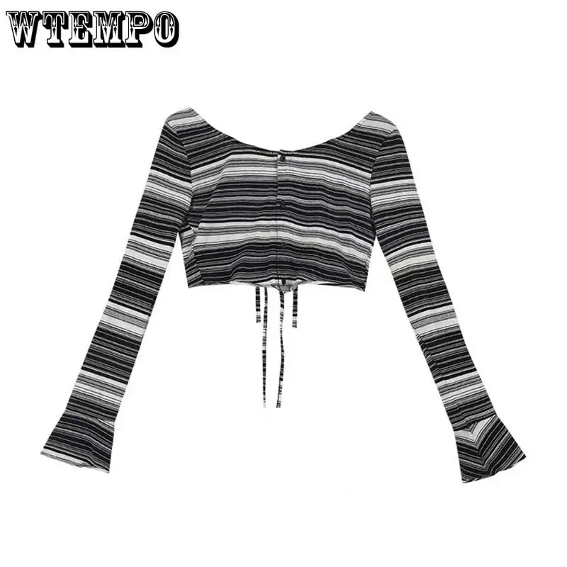 Y2k Top Women\'s T-shirt Short Slim Top Long Sleeves Black and White Stripes Irregular Cardigan Straps Reversible Drop Shipping