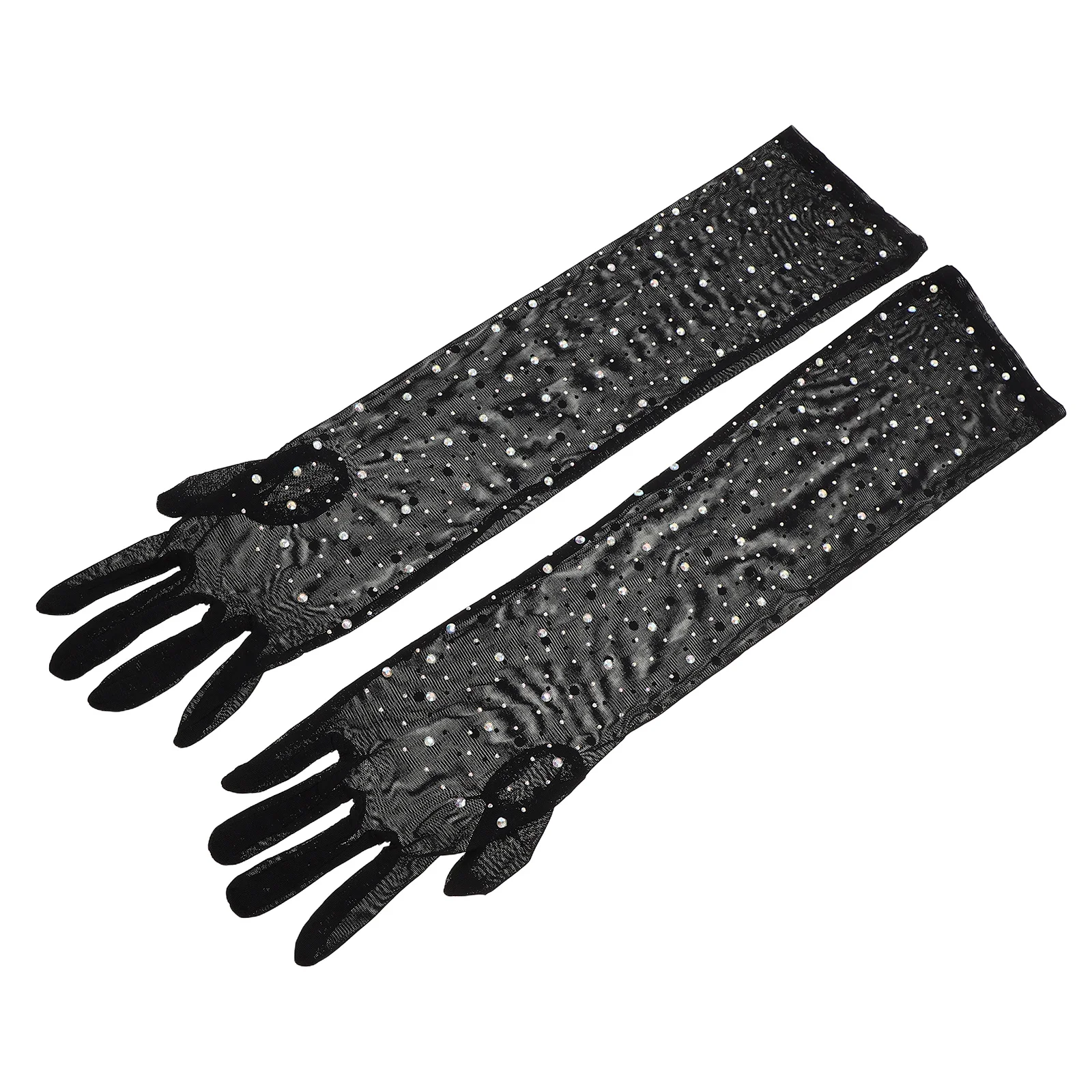 

1Pair Black Sheer Rhinestone Mesh Tulle Gloves Long Stretchy Sparkly Bridal Evening Party Wedding Halloween Rave Gloves