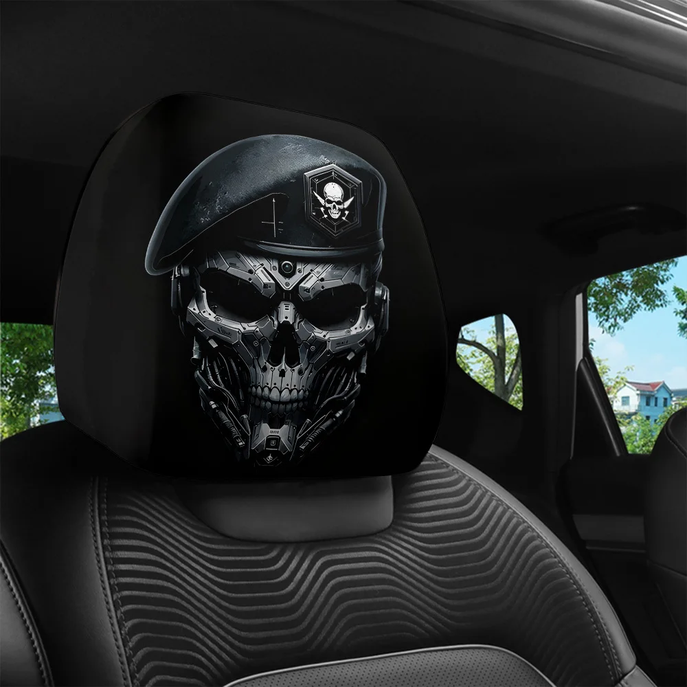2pcs, Mechanical Skull Print Car Headrest Covers,  Elastic Design, 3D Realistic Printing,