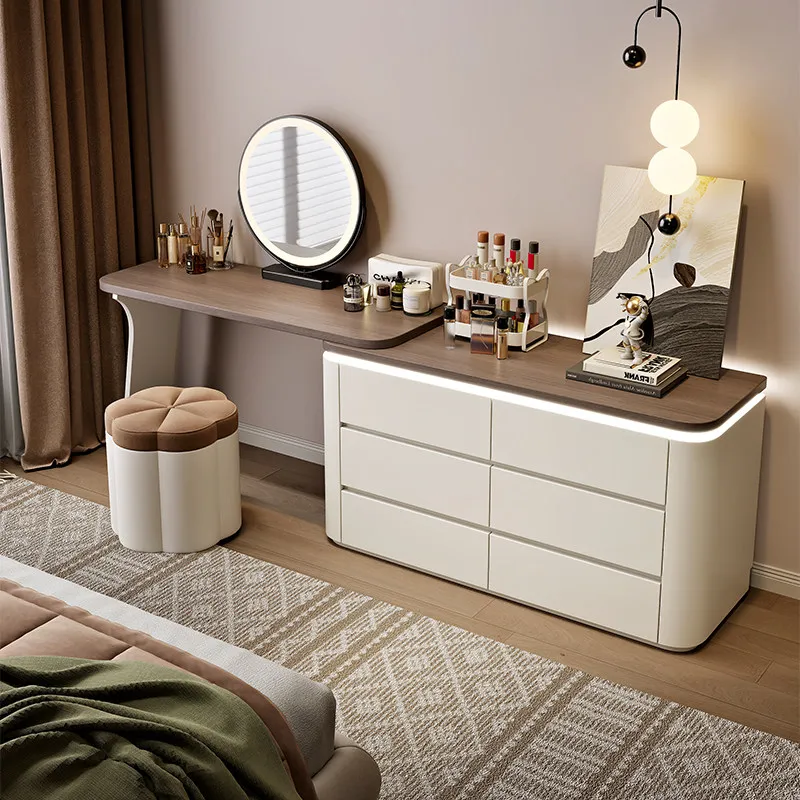 White Extension Large Vanity Desk Round Led Mirror Bedroom Hotel Dressing Table Makeup Drawers Toaletka Z Lustrem Furniture Home