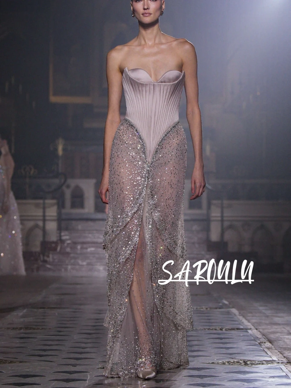 

Pleated Corset Glitter Evening Dress Delicate Tiered Customized Prom Gown Sweetheart Neckline Statement Banquet Party Wear