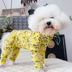 Pure Cotton Yellow Hoodies Jumpsuits For Small Medium Dog Poodle Pet Dog Clothes Fashion Print Wrap Belly Rompers Puppy Clothing