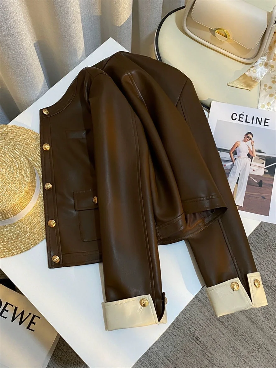 Spring Autumn Coffee Leather Jacket Women's Korean New Style Contrasting Color Design Short Coat Temperament Retro Jacket Top