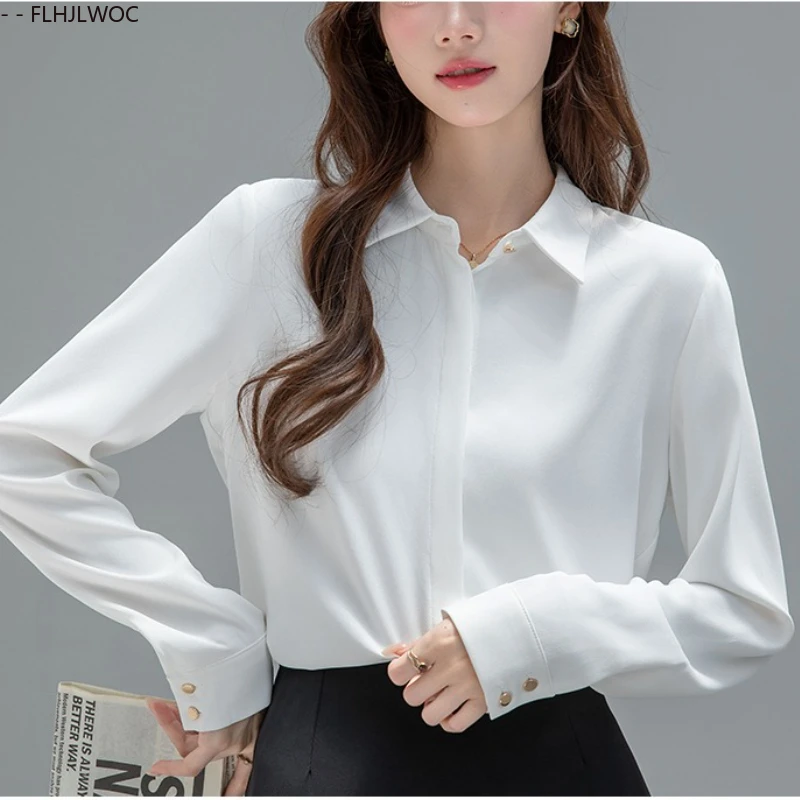 

French Design White Shirts New FLHJLWOC Fashion Women Autumn Long Sleeve Office Lady Black Elegant Commuter Work Tops Blouses