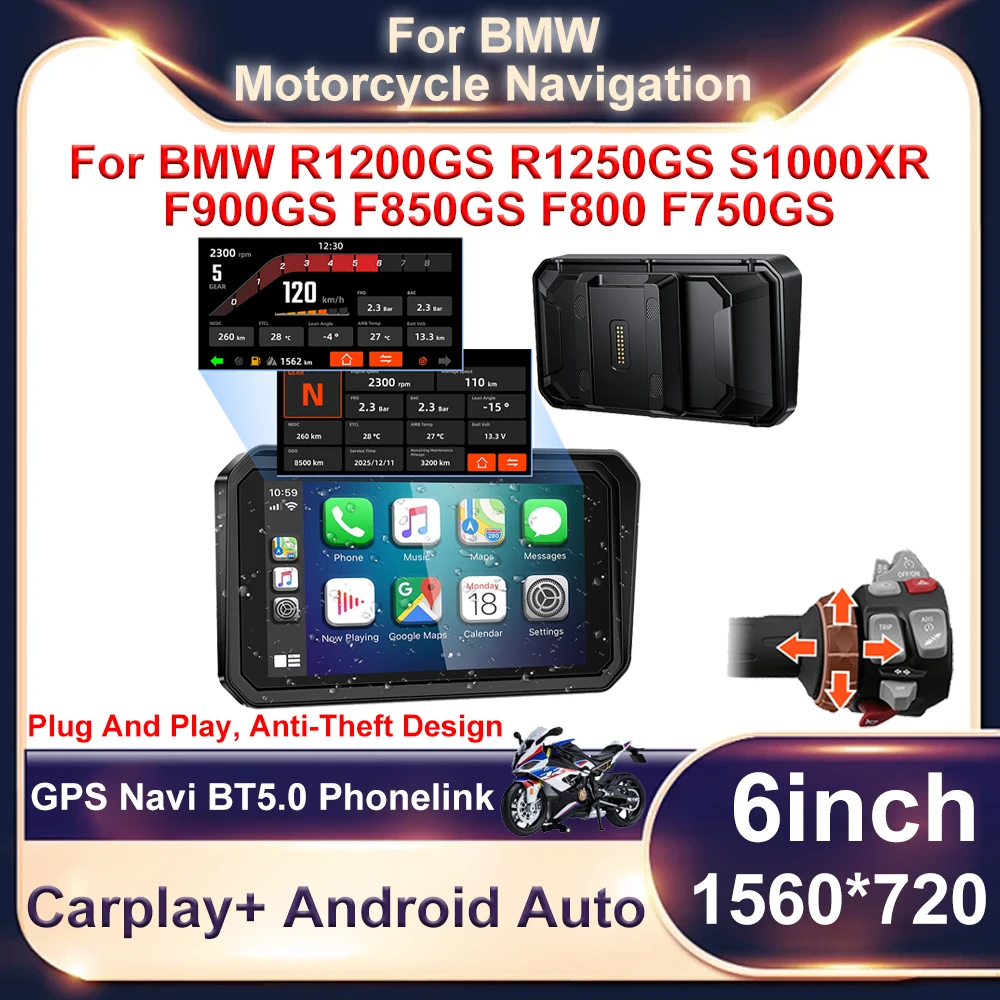 6 inch Wireless Motorcycle CarPlay Moto Android Auto GPS Navigation Portable Digital Dashboard For BMW R1200GS R1250GS F750GS