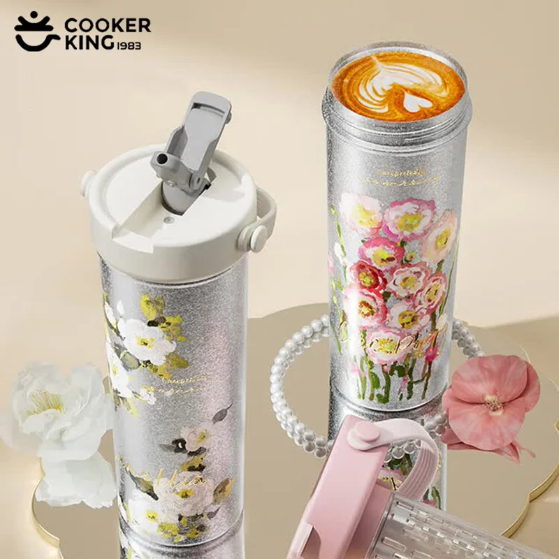 

COOKER KING Titanium Thermos Cup 590ML Flower Pattern Straw Insulated Cup Keep Cold & Hot Water Bottles Car Travel Camping Cups