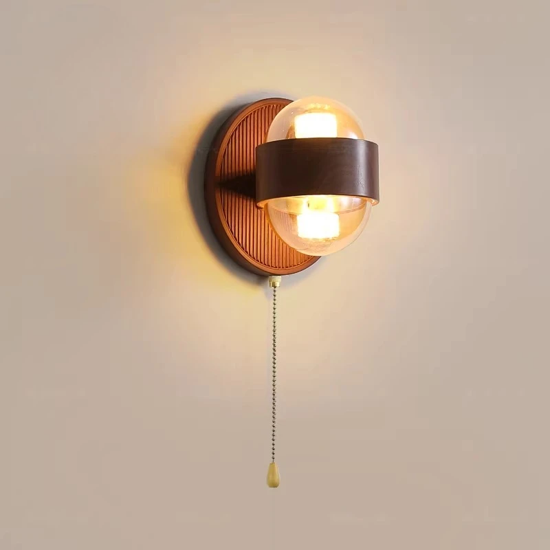 Japanese Walnut Wood Color Bedroom Bedside Wall Lamp LED Zipper Switch Living Room Study Corridor Vintage Atmosphere Wall Lights