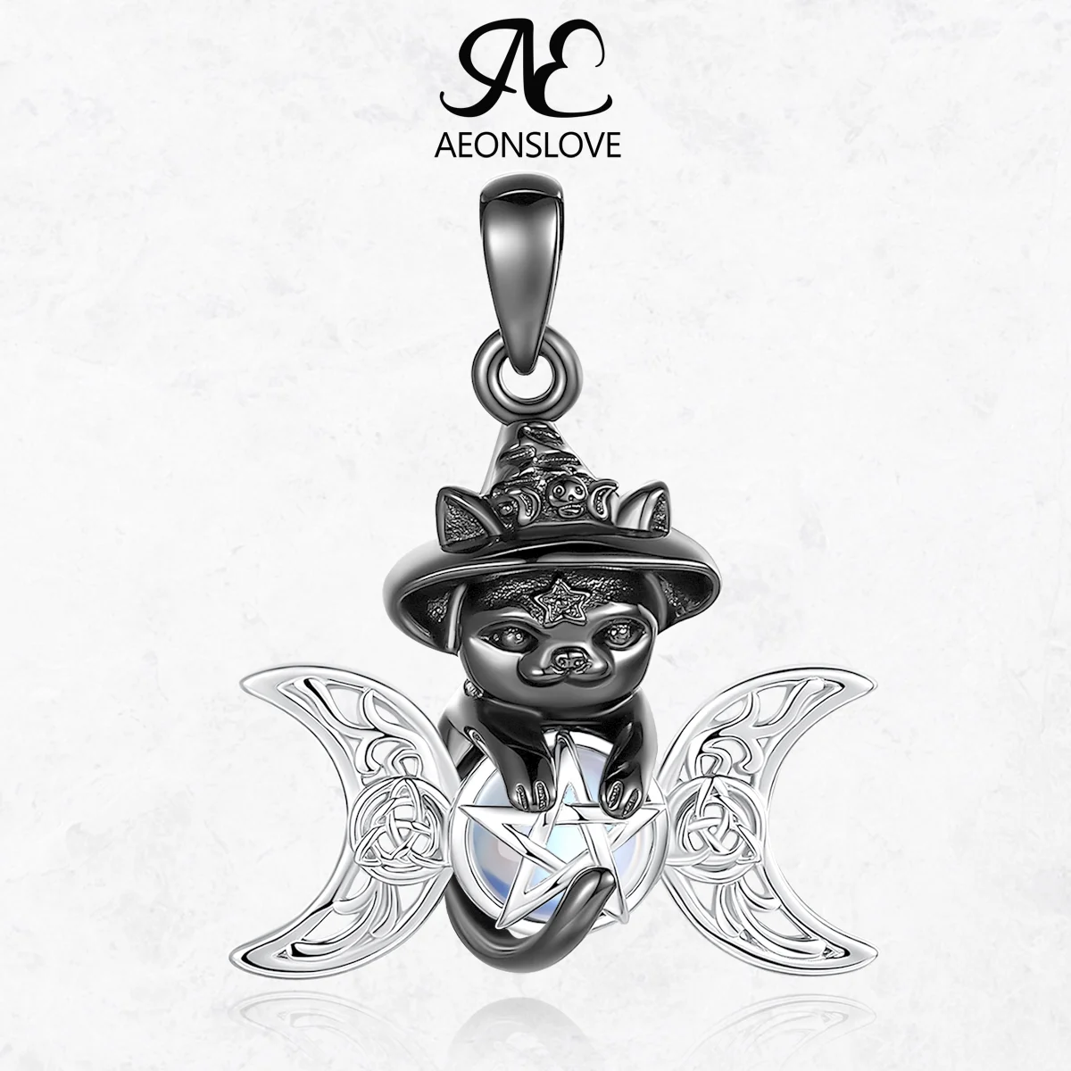 AEONSLOVE 925 Sterling Silver Black Cat Triple Moon Goddess Necklace Moonstone Pentagram Pendant Witch Pagan Jewelry for Women