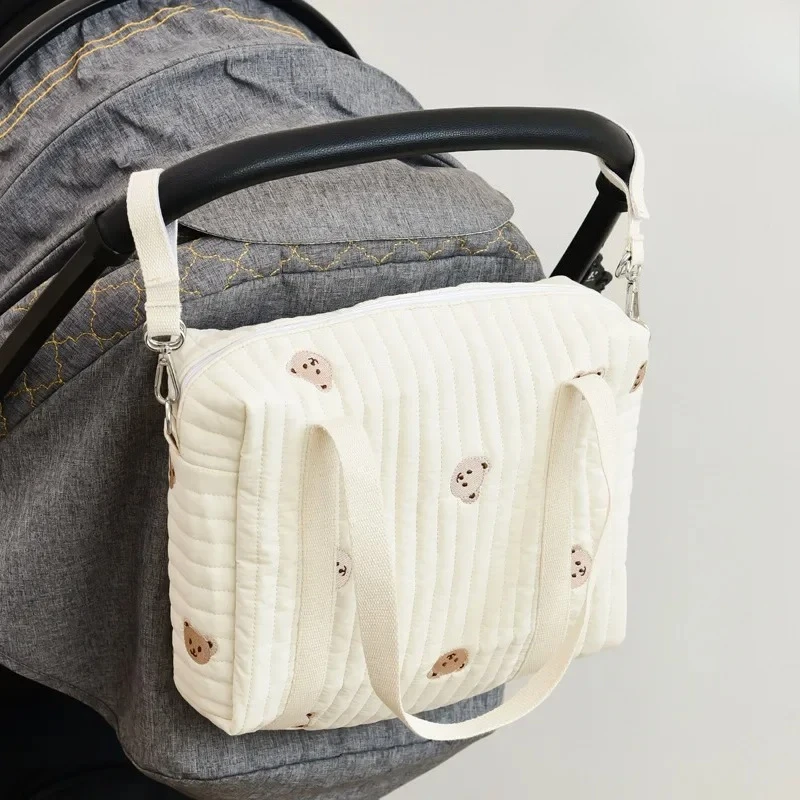2026 New Zipper Bear Embroidered Cotton-dyed Mummy Bag Newborn Baby Girl Stroller High Capacity Hanging Bags Diaper Bag Handbag