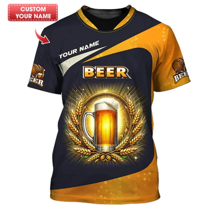 Funny Beer 3D Print T-shirt For Men Custom Name Personality Streetwear Loose T Shirts Summer Casual Fun Plaid Pattern Tee Top