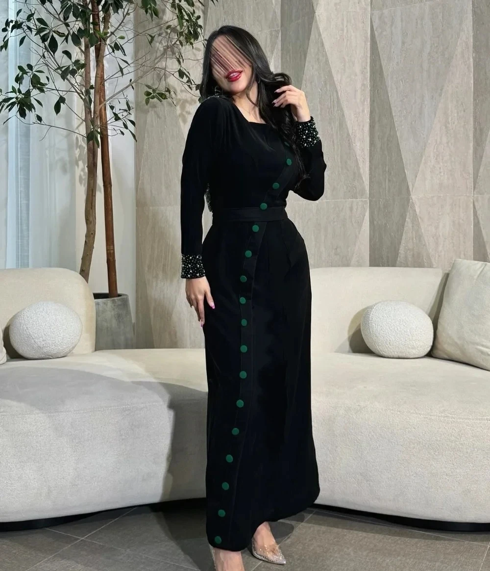 

Black Beaded Long Sleeves Bespoke Occasion Gown Evening Dresses Pastrol Unisex Jersey Retro Dubai Saudi Arabic Prom Customized