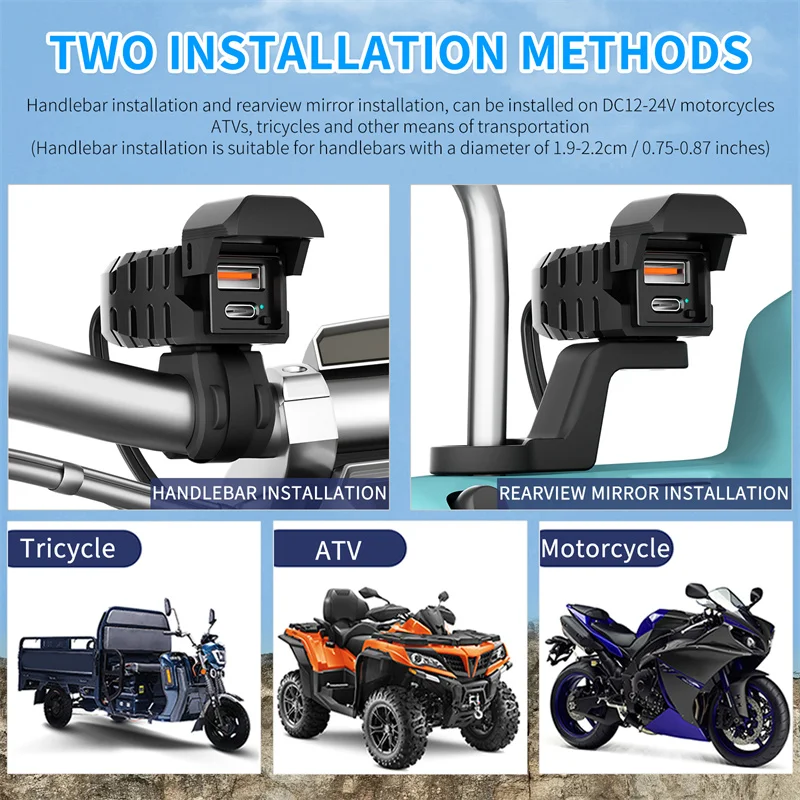 PD + QC 3.0 دراجة نارية USB شاحن سريع المقود المزدوج USB المقبس مقاوم للماء 12 فولت موائم مصدر تيار #2