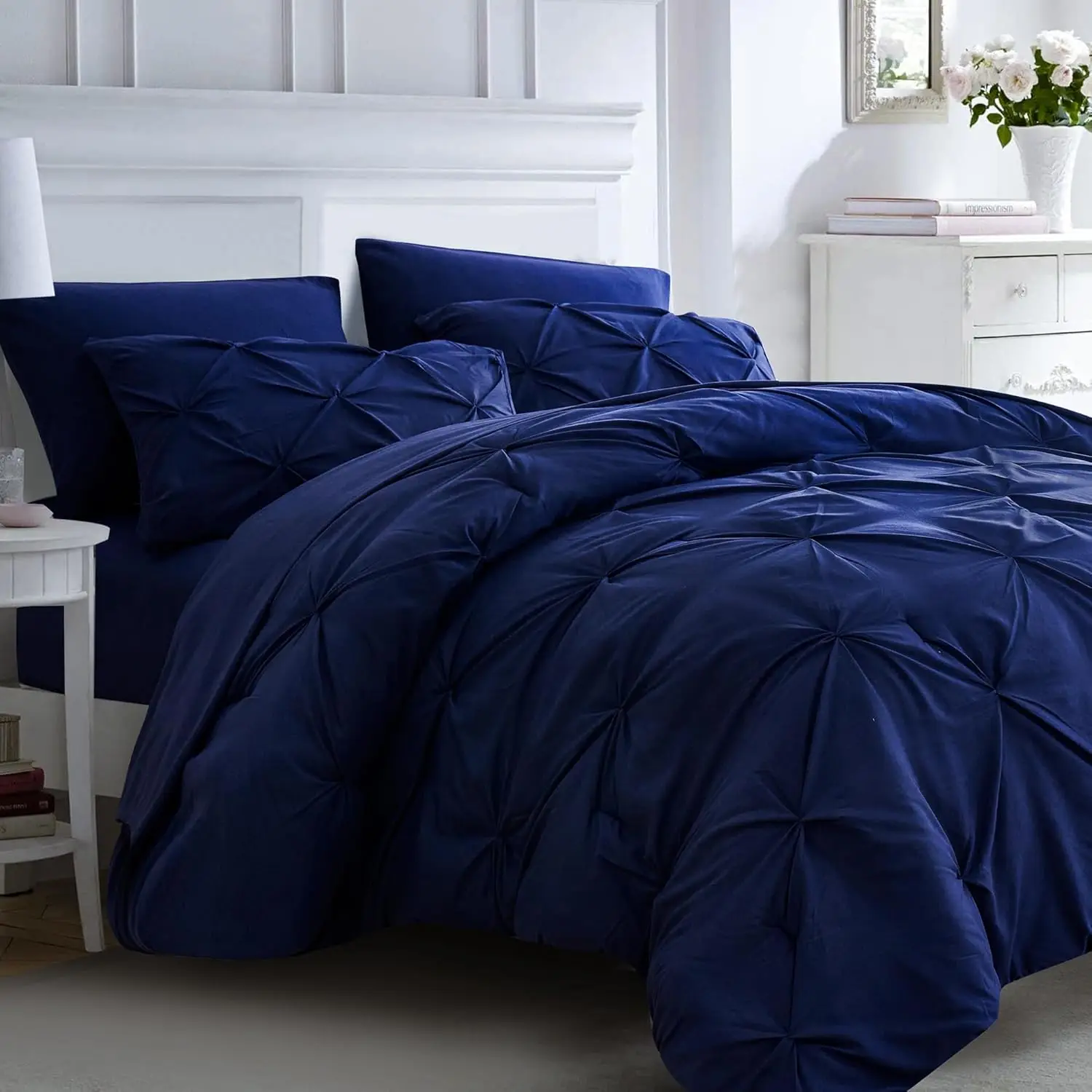 

7 Piece Queen Bed Comforter Set, Dark Blue Bedding with Sheets, Soft & Fluffy Bed in a Bag