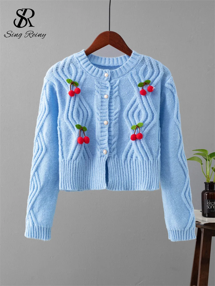 SINGREINY 3D Cherry Knitwear Sweater Ladies O-Neck Long Sleeves Pearl Button Casual Pullover 2024 Autumn Fashion Warm Cardigan