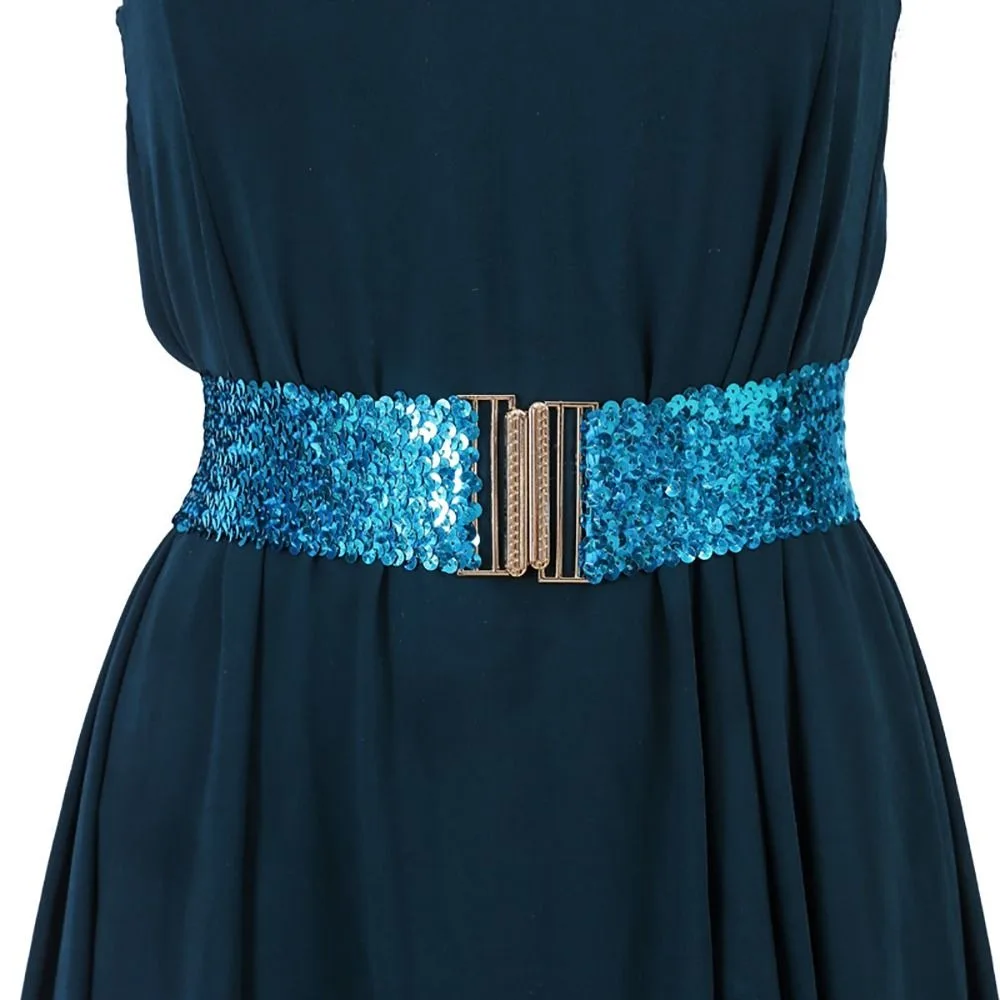 60cm Elastic Sequin Stretch Belt Gold Buckle Disc Eye Catching Shinny Waistband Versatile Professional Women's Belt Dresses