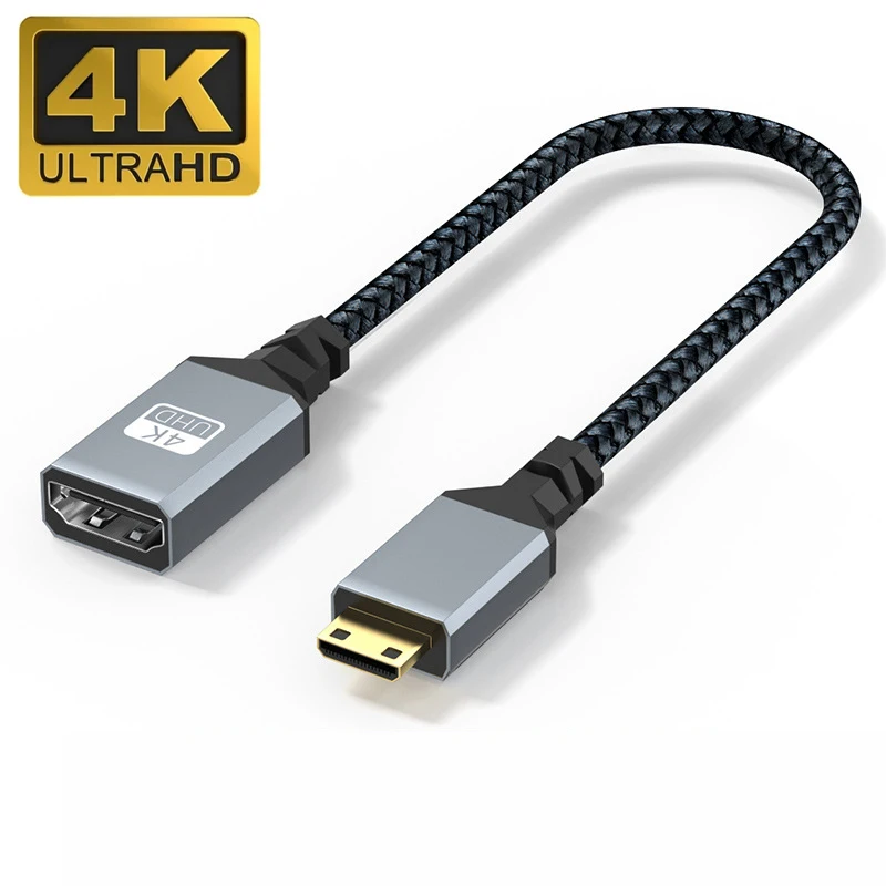 4K Mini-HDMI-compatible to HDMI-compatible Adapter Cable 20cm Braided Extension Cord for Camera Camcorder Laptop HDTV Monitor