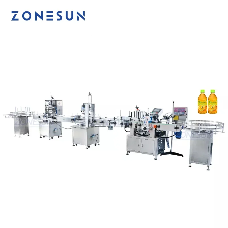 ZONESUN Full Automatic Four Heads Liquid Round Bottle Filling Capping And Labeling Machine Line With Inkjet Printing Machine