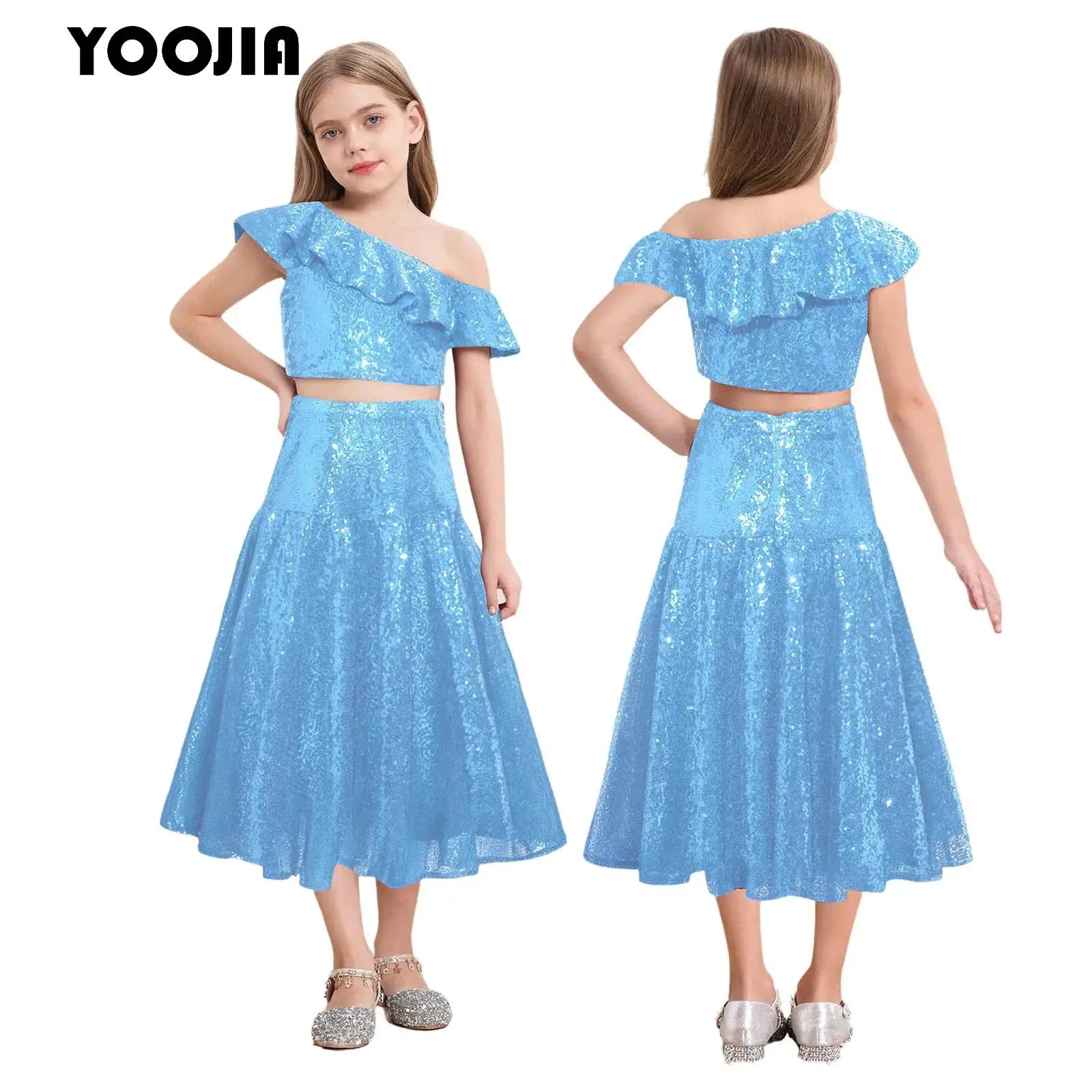 

Girls Shiny Sequin Party Dresses Elegant Irregular Ruffled Tank Crop Tops with Long Skirt Wedding Cocktail Party Banquet Outfits