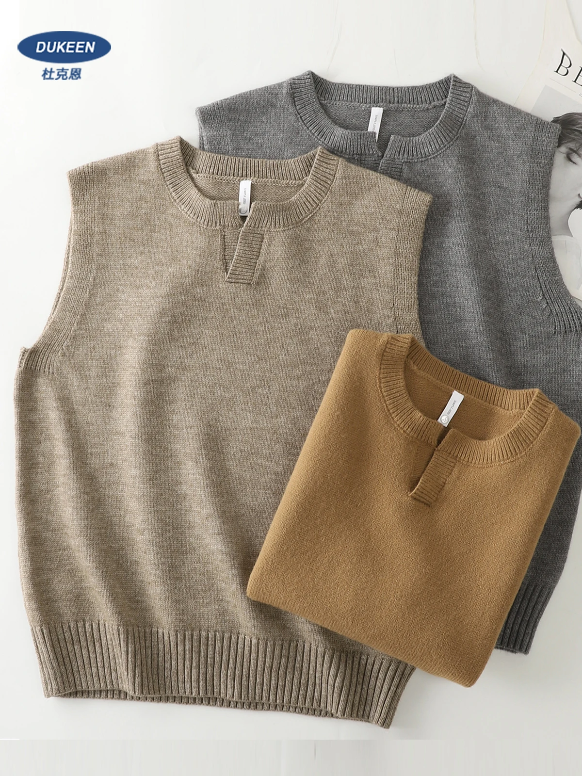 

DUKEEN классический мужской свитер без рукавов, жилет, осень-зима, однотонный пуловер в консервативном стиле, деловой повседневный трикотаж с разрезом на шее