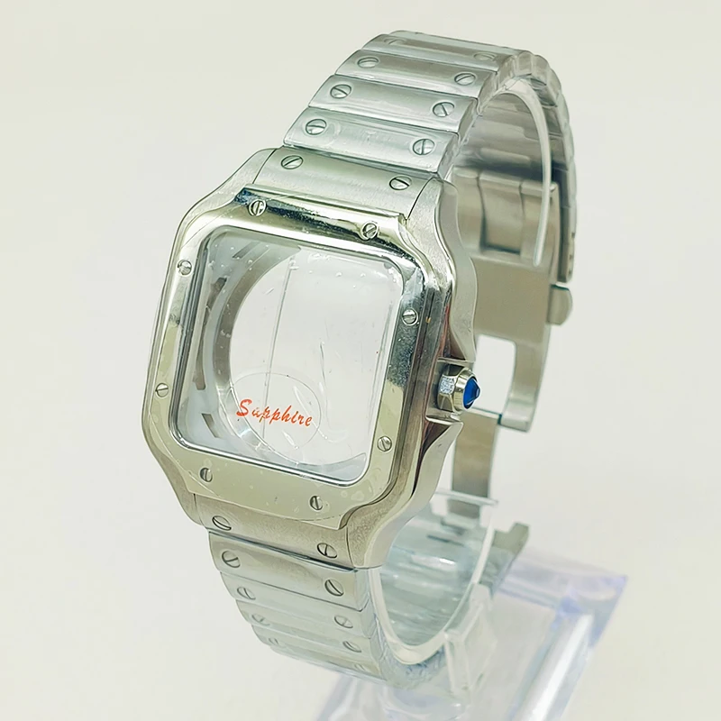 

38mm NH35 Case Square Santo Watch Case Steel Strap Transparent Back Cover Fits 7S26 4R NH35 NH36 Movement Sapphire Crystal Glass