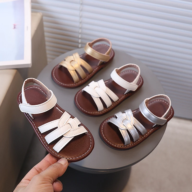 Summer Girl's Sandals Pu Leather Minimalist Versatile Toddler Kids Slippers Plain-colored Stylish Hook-loop Children Shoes