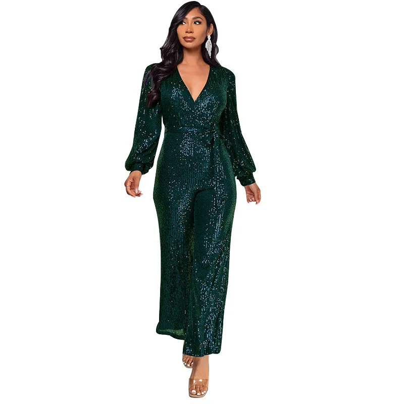 Uoozee Women's Deep V-Neck Sequins Club Jumpsuits Long Puff Sleeve Tie Waist Straight-leg Party Evening One Piece Outfits 2026