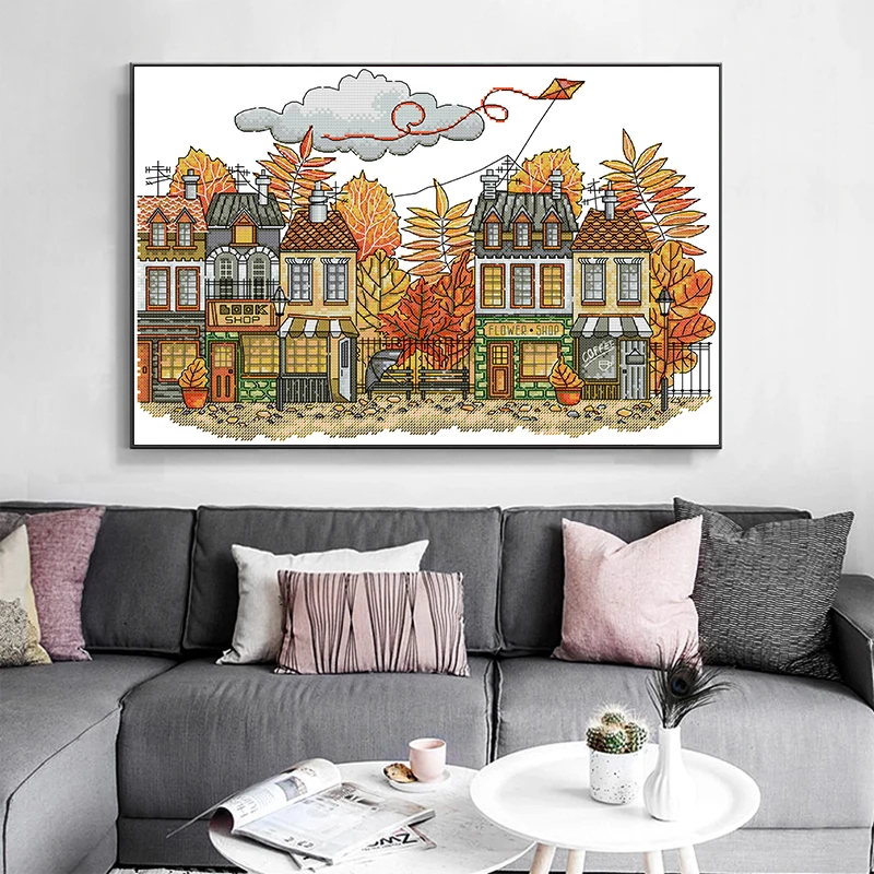 Autumn Streets DIY Scenery Pattern Cross Stitch Kit 14CT 11CT Canvas Fabric Set Needlework Embroidery Home Decorative Painting