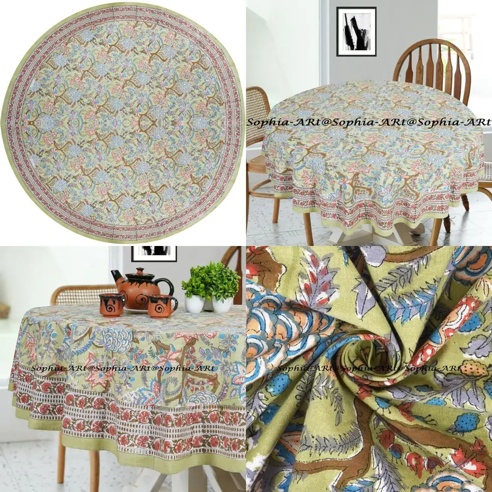 

Cotton Block Printed 6 Seater Outdoor Tablecloth - Washable for Patio, Camping, Holiday Parties, Indoor Kitchen Use