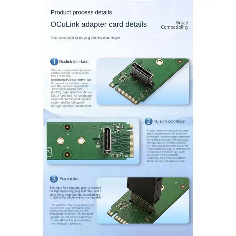 M52K-M. 2 To Pcie X4 Oculink Adapter Card Supports External SFF-8611/8612 Connection Pcie 4.0/Gen3/Gen4 64Gbps