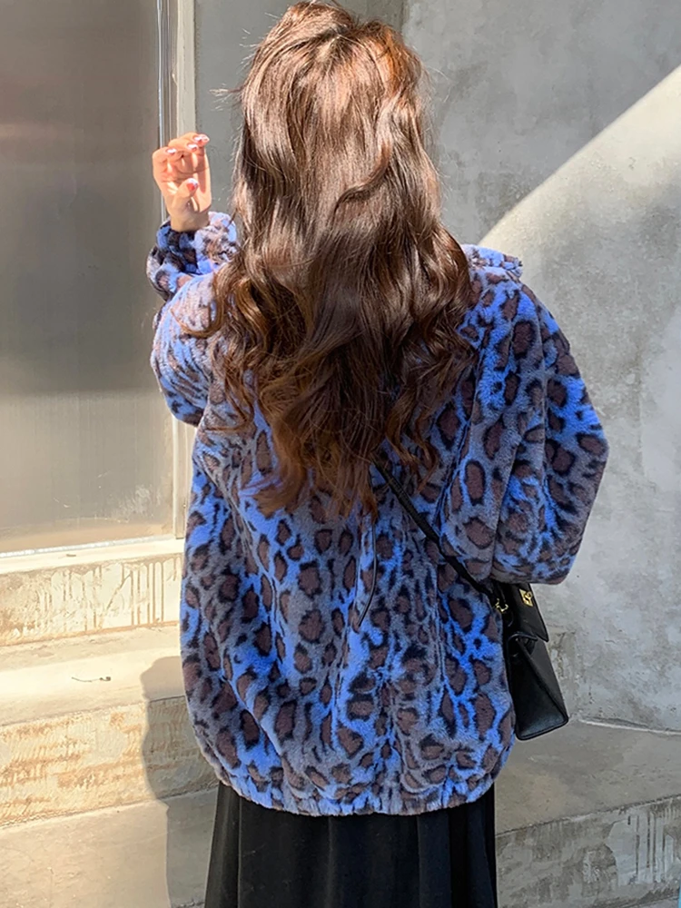 Winter Fluffy Jacket Women Korean Fashion Blue Leopard Faux Fur Coat Long Sleeve Zipper Warm Soft Jacket Faux Fur Coat Coats