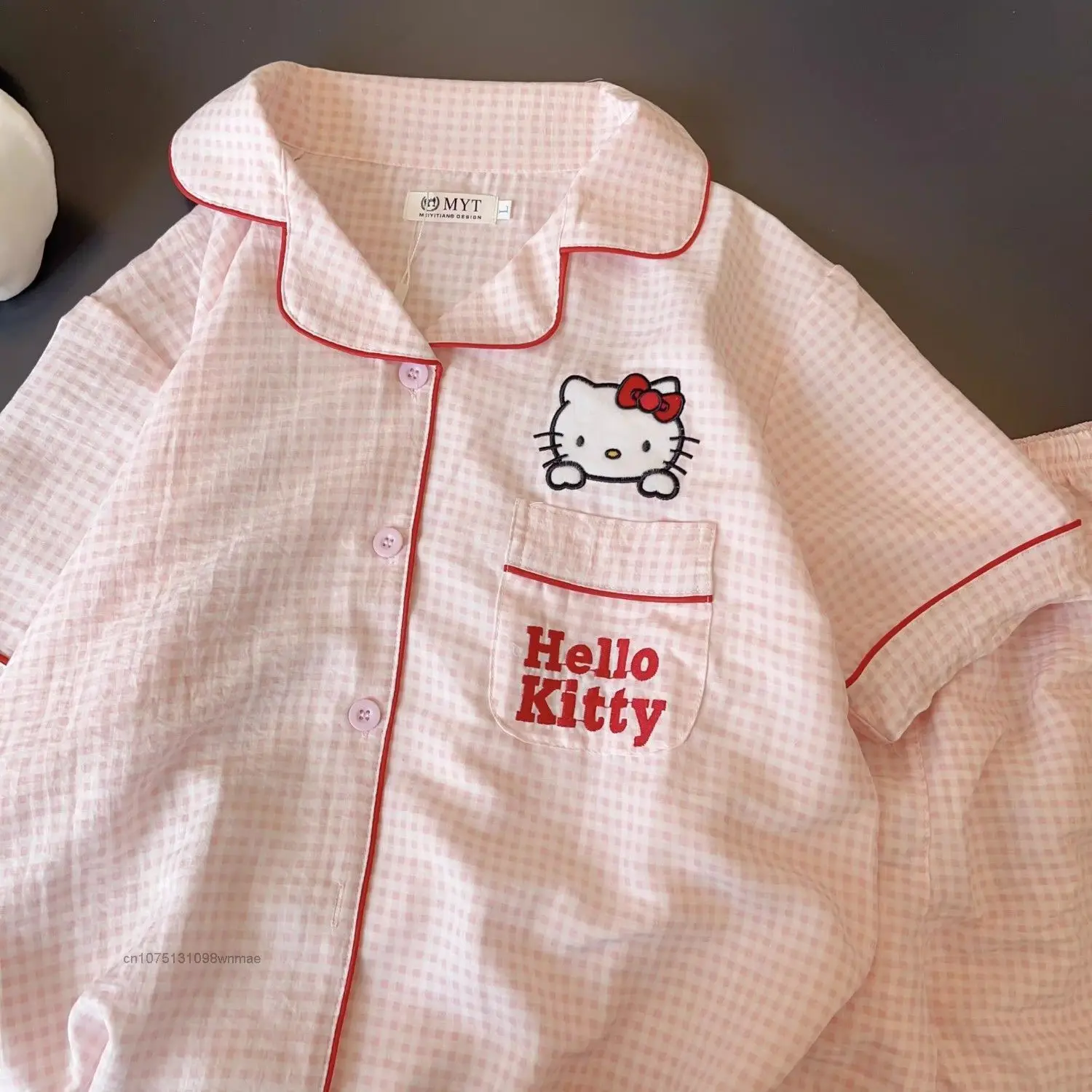 Sanrio Hello Kitty bielizna nocna dla kobiet, letnia piżama, zestaw tkanych bawełnianych szortów, uroczy haft z kreskówek, odzież domowa, 2 szt.