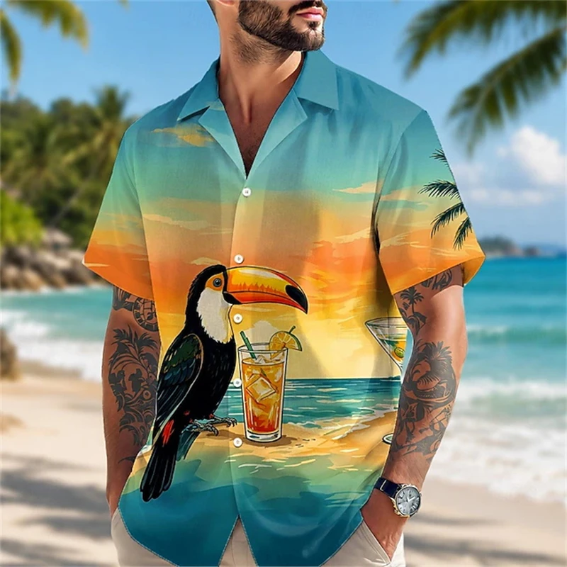 Men's Summer Hawaiian Shirts 3D Printed Toucan Lapel Button Shirt Fashion Tropical Seaside Print Casual Street Y2K Unisex Blouse