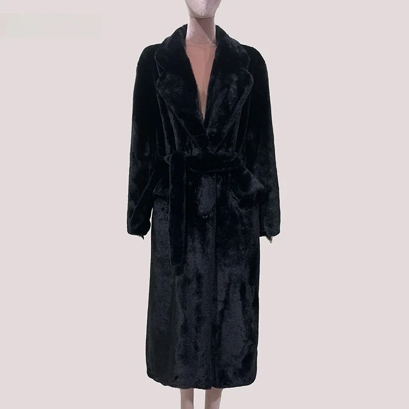 

Nerazzurri Casual Long Women's Jacket Fake Fur Coat Black Environmental Protection Loose Fit Rabbit Fur Outerwear Coat