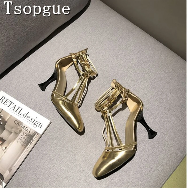مصمم الذهبي غطاء تو الصنادل النساء العلامة التجارية أزياء T حزام الكاحل التفاف عالية الكعب الفاخرة حزب اللباس مضخات