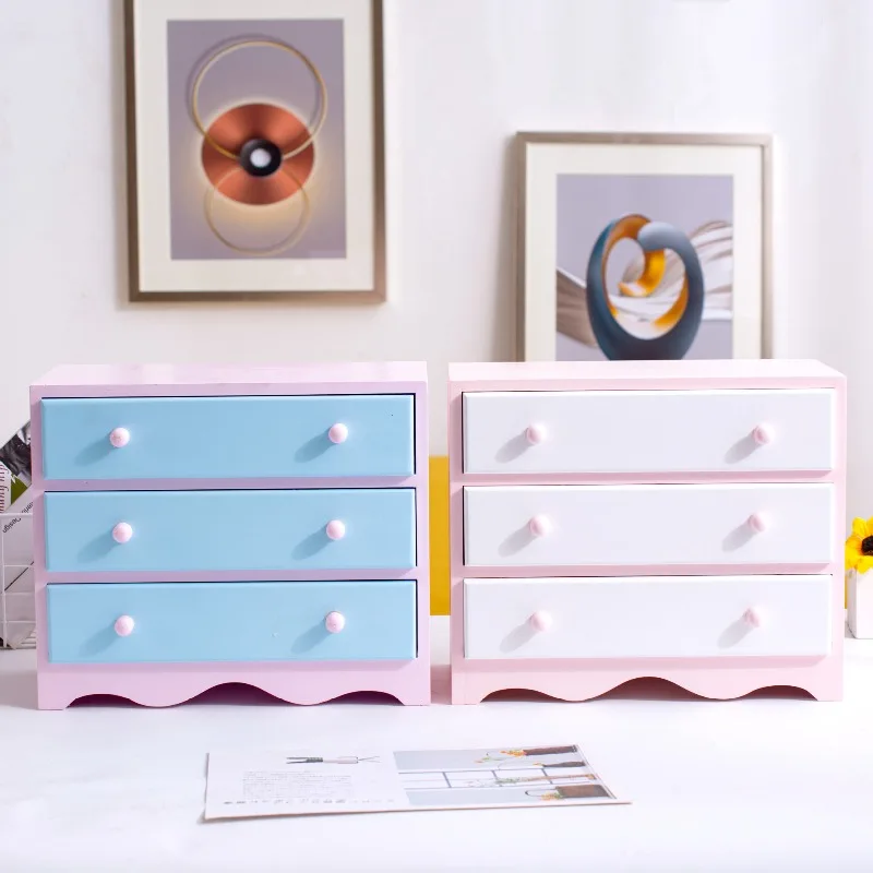 

Cute Girl Pink Desktop Storage Box, Household Wooden Cosmetics Three Drawer Style Organizing Box