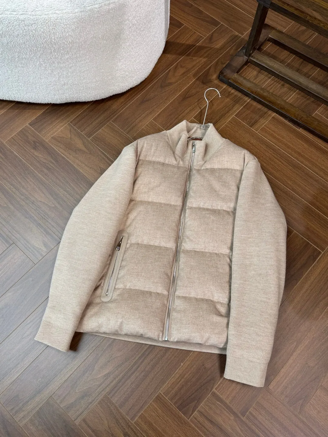 

Italian Sle Men's Autumn Winter Knitted Patchwork Cotton Wool White Du down Stand Collar Open Cardigan Jaet